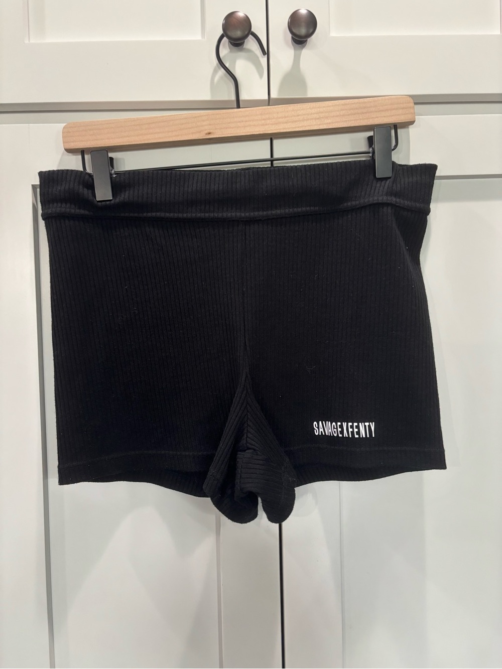 Savage X Fenty Black Ribbed High-Rise Bike Shorts with White Logo